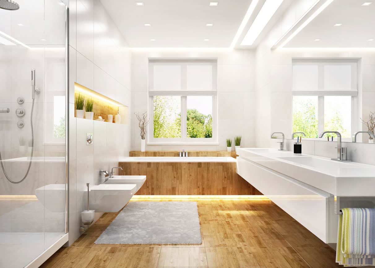 Houten vloer in de badkamer